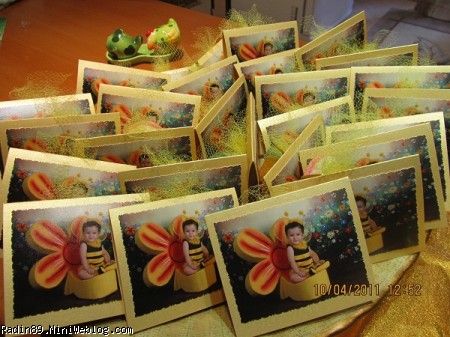 گیفت ها جشن زنبوری شامل عکس رادین و مقداری پاستیل و مارشمالو و شکلات داخل توری که به پشت گیفتها چسبنیده شده بود